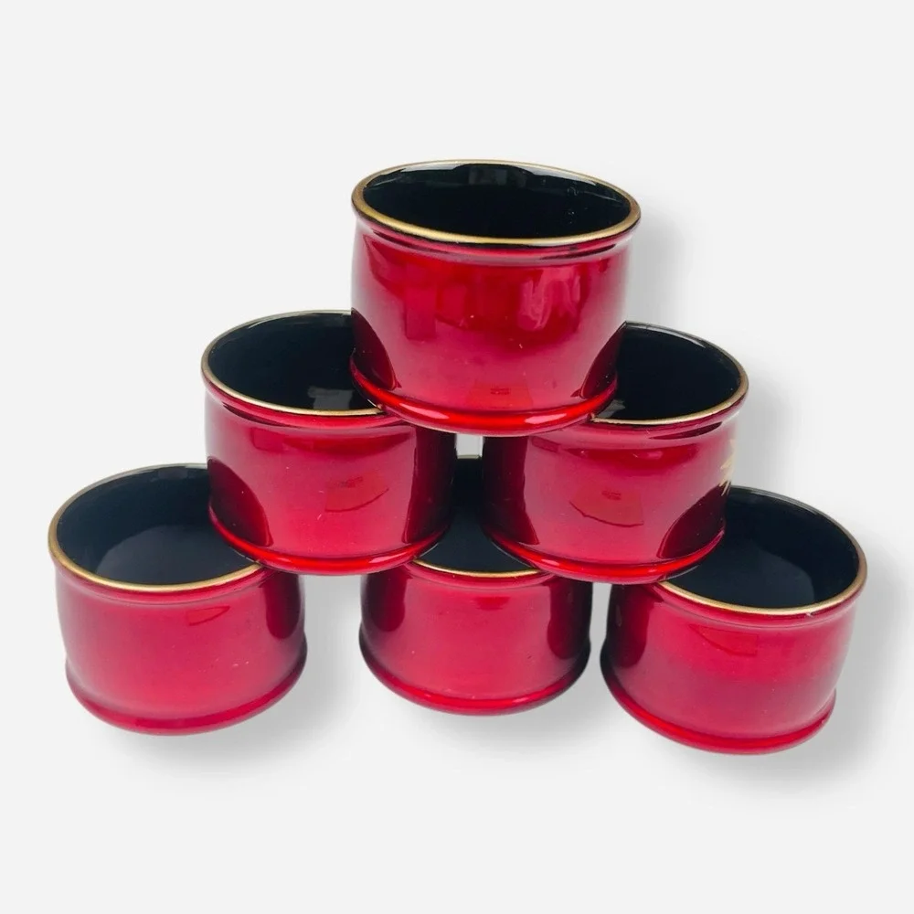Vintage Japanese Lacquer‎ Ware Napkin Rings Set 6 Red Gold Amita Tokyo Japan